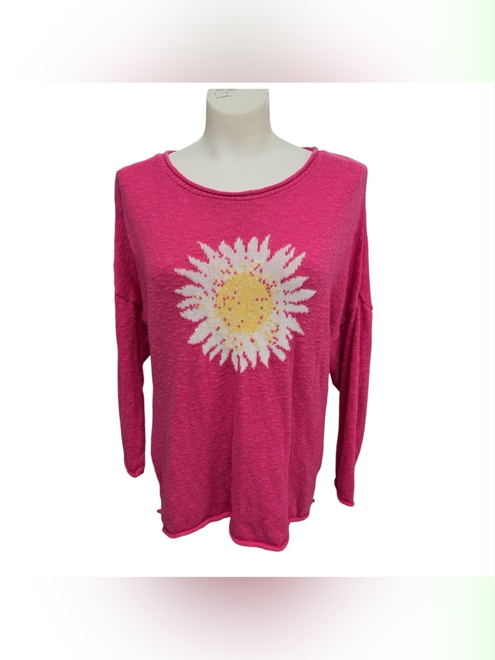 Cotton County Hot Pink Daisy Knit Pullover Sweater Size M